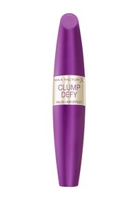 Lilla mascara tube med en glat overflade og rund kappe. Etiket med hvid og guld tekst, der står "Max Factor X Clump Defy False Lash Effect."