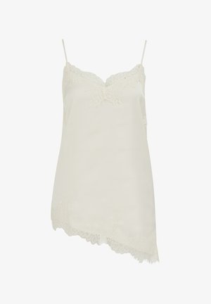 Crèmekleurige satijnen slipjurk met kanten rand, spaghetti bandjes en asymmetrische zoom.