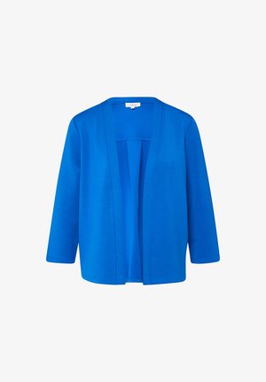 Bright blue open-front cardigan with three-quarter length sleeves, made of smooth fabric, displayed on a white background.