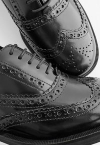 Zapatos de vestir de cuero negro con detalles de brogue, perforaciones y un acabado suave. Los cordones y las costuras curvas acentúan el diseño.