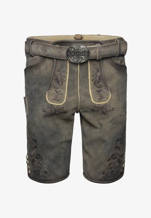 Pantalones cortos de cuero en gris con bordado decorativo en azul oscuro. Presentan un cinturón con hebilla plateada y detalles con botones laterales.