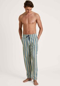 Gestreepte broek met een touwsluiting in de taille, met blauwe, groene en beige verticale strepen. Lichtgewicht stof, ontspannen pasvorm en geen zakken.