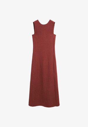 Ärmelloses, rostfarbenes Kleid bis zum Knöchel mit rundem Ausschnitt und geradem, leicht tailliertem Schnitt.