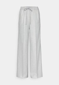 Pantalon large gris clair avec taille à cordon et bande élastique, fabriqué en tissu doux pour un usage décontracté.