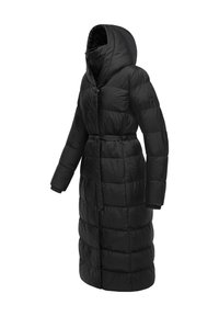 Zwarte pufferjas met een capuchon, featuring een ceintuur in de taille, lange mouwen, gequilte textuur en een lengte tot de knie.