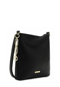 Black leather shoulder bag with a textured surface, featuring gold-tone hardware and a decorative chain accent. Simple, structured shape.