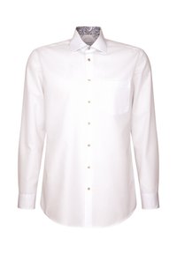 Camicia bianca a maniche lunghe con bottoni dorati, taschino e colletto interno blu a fantasia. Tessuto di cotone morbido, design classico.
