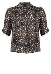 Blouse noire semi-transparente avec un motif floral beige et blanc, texture plissée, manches courtes et un détail en dentelle à l'ourlet.