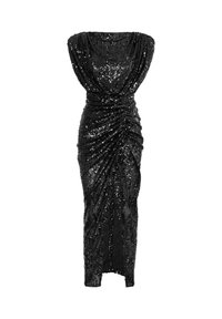 Czarna, bezramienna sukienka midi z cekinami, z marszczeniami i rozcięciem z przodu.