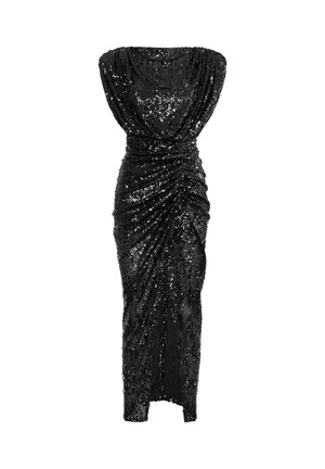 Czarna, bezramienna sukienka midi z cekinami, z marszczeniami i rozcięciem z przodu.