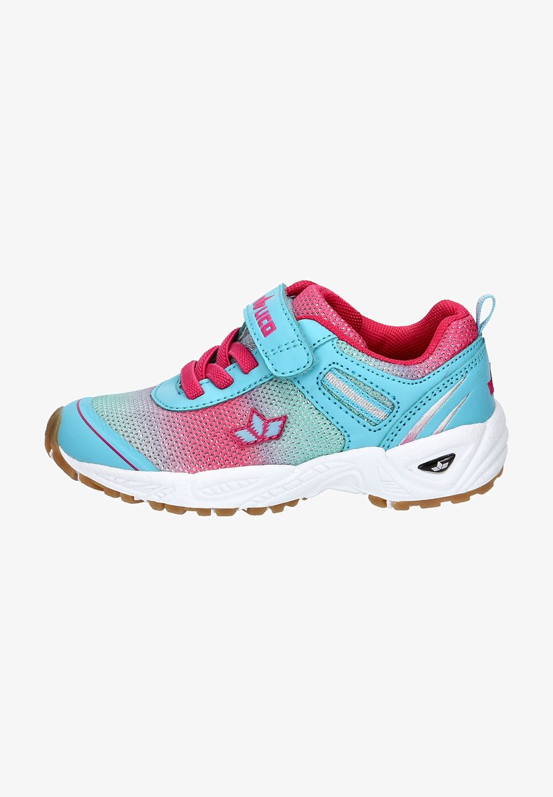 Children's athletic shoe with a breathable mesh upper in blue and pink gradient, features a Velcro strap, and a rubber sole with grip.