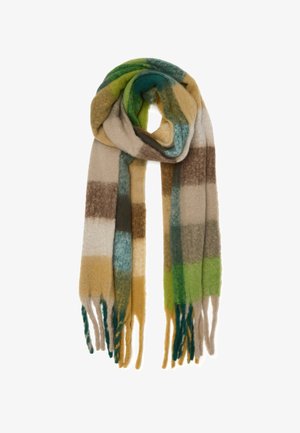 Wollen sjaal met een ruitpatroon in tinten groen, bruin, beige en blauw, met franjes aan de randen die textuur toevoegen.