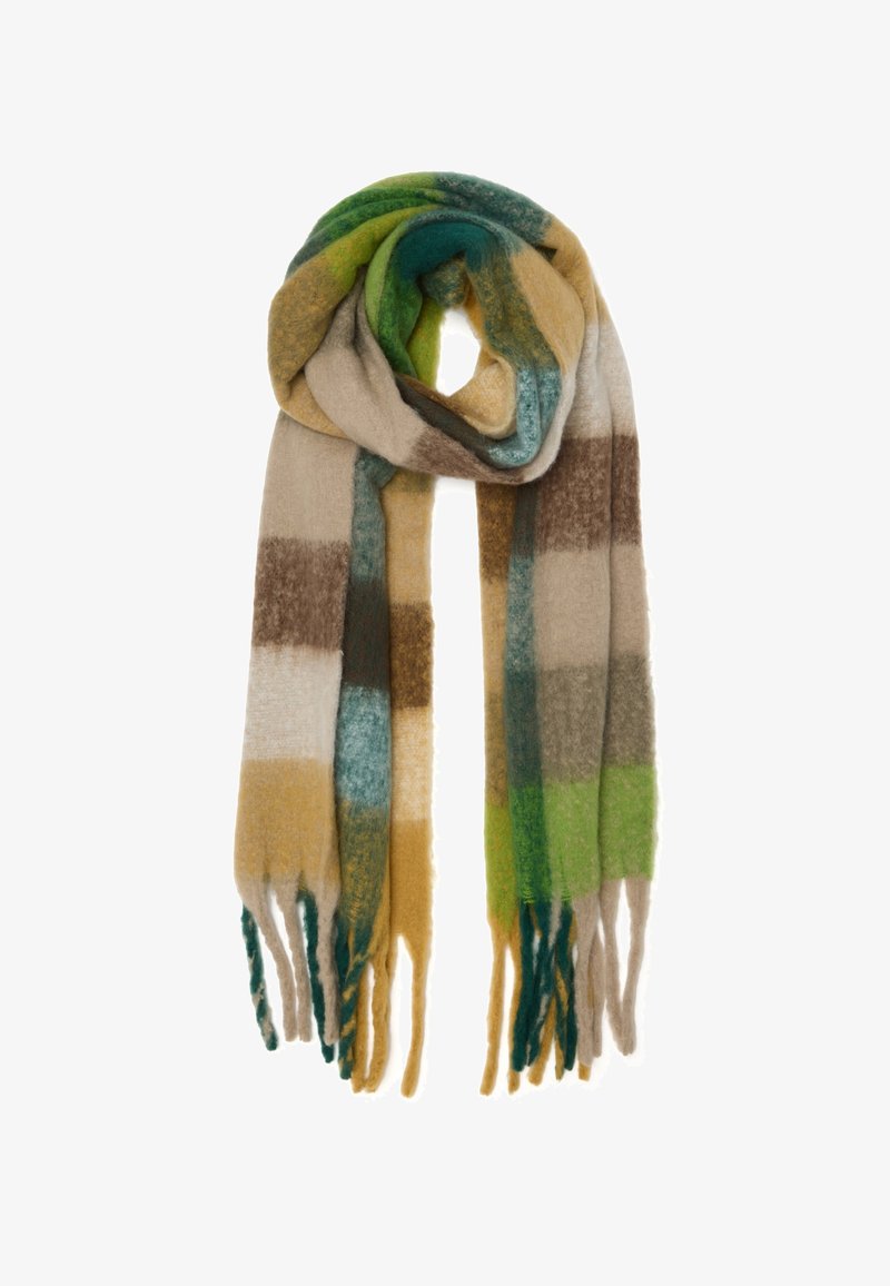 Sciarpa di lana con un motivo a quadri nelle tonalità di verde, marrone, beige e blu, con bordi frangiati che aggiungono texture.