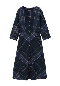 Robe midi bleu marine à motif à carreaux rose et vert, manches longues, col en V et fermeture à boutons à l'avant.