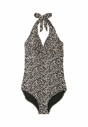 Costume intero nero con scollo all'americana, caratterizzato da un motivo astratto rosa e dettagli di tessuto arricciato. Si lega al collo.