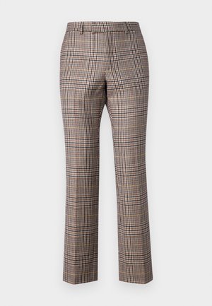 Pantaloni cu carouri, prezentând un amestec de tonuri de maro, negru și galben, cu o croială adaptată corpului și o ușoară evazare la glezne.