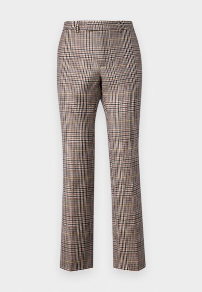 Checkered trousers featuring a blend of brown, black, and yellow tones, with a tailored fit and a slight flare at the ankles.