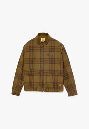 Giacca a quadri marrone con colletto in velluto, zip frontale, tasca sul petto e due grandi tasche anteriori. Tessuto testurizzato con pattern contrastanti.