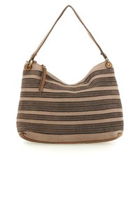 Borsa a tracolla in pelle marrone con righe cucite orizzontalmente e una sola tracolla, dotata di chiusura superiore con cerniera e accessori in ottone.