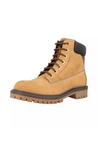 Stivale alla caviglia in suede tan con dettagli in pelle marrone, lacci marroni e suola in gomma spessa caratterizzata da scanalature profonde. Cuciture laterali visibili.