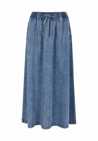 Denim krilo z udobnim krojem, elastičnim pasom, detajli s vezalko in zbledelo modro barvo. Ima tekoč dizajn in srednjo dolžino.