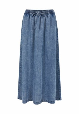 Kopott kék színű, laza fazonú farmer szoknya, rugalmas derékszíjjal és zsinóros részletekkel. Jellemzője a lágy vonalvezetés és a közepes hossz.