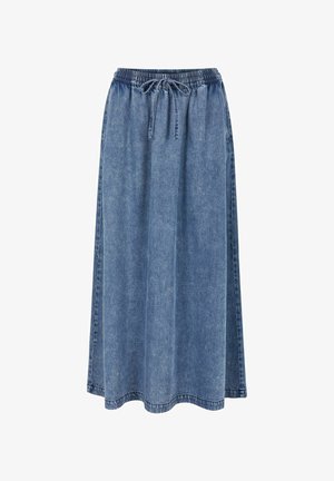 Kopott kék színű, laza fazonú farmer szoknya, rugalmas derékszíjjal és zsinóros részletekkel. Jellemzője a lágy vonalvezetés és a közepes hossz.