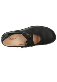 Schwarzer Lederschuh mit runder Zehenpartie, doppelten Riemen über dem Obermaterial und einem Innenfutter mit Logo. Glatte Oberfläche, flaches Profil.