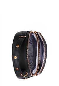 Black synthetic leather bag with gold hardware, dual zip compartments, and a patterned interior lining. Compact round shape with side accents.