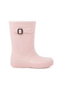 Botte de pluie en caoutchouc rose avec une finition mate, forme arrondie et un détail de boucle noire réglable sur le côté. Semelle extérieure texturée pour une bonne adhérence.