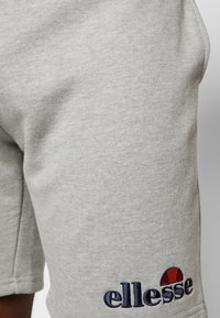 Shorts gris en tissu doux. Présentent un logo brodé en bleu marine avec un accent rouge. Le design comprend une ceinture plate et des coutures latérales.