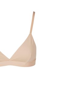 Light pink, seamless triangle bra with thin adjustable straps and a smooth texture. Features a simple design without embellishments or patterns.