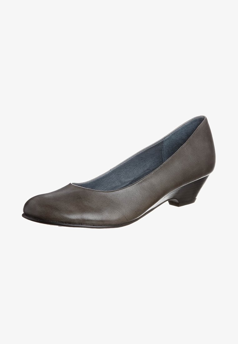 Escarpin de ville pour femme en cuir gris, à talon bas, bout arrondi et doublure intérieure rembourrée.