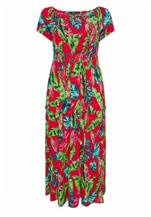 Rode maxi-jurk met korte mouwen, groene en blauwe tropische blad- en bloemenprint, elastische tailleband en gelaagde rok.