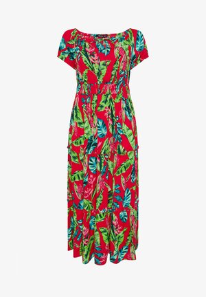 Rode maxi-jurk met korte mouwen, groene en blauwe tropische blad- en bloemenprint, elastische tailleband en gelaagde rok.