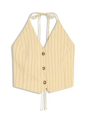 Beżowy top wiązany na szyi z cienkimi pionowymi paskami, trzema guzikami z przodu oraz wiązaniami na szyi i na dole na środku.