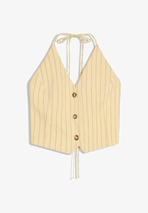 Béžový top na krk s tenkými vertikálními pruhy, třemi knoflíky vpředu a zavazováním na krku a uprostřed spodní části.