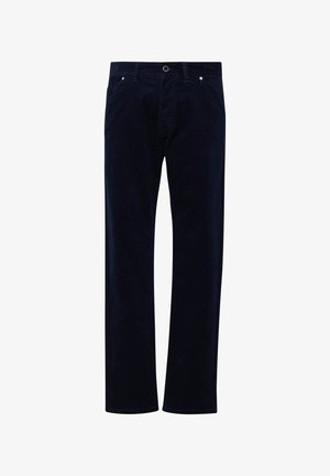 Navyblaue Cordhosen mit Knopf- und Reißverschluss, Gürtelschlaufen und Fronttaschen.