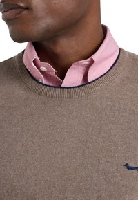 Maglione marrone lavorato a maglia con collo rotondo, tessuto testurizzato e un accento blu navy al colletto, indossato sopra una camicia rosa chiaro con bottoni.