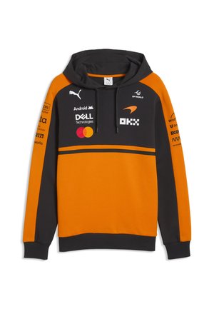 Sweat à capuche de course noir et orange avec logos des sponsors, notamment Puma, Dell Technologies, Android, Mastercard et DP World.