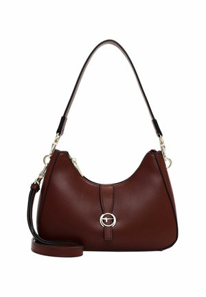 Borsa in pelle bordeaux con una silhouette curva, un accento in hardware circolare dorato e una tracolla nera staccabile. Texture liscia.