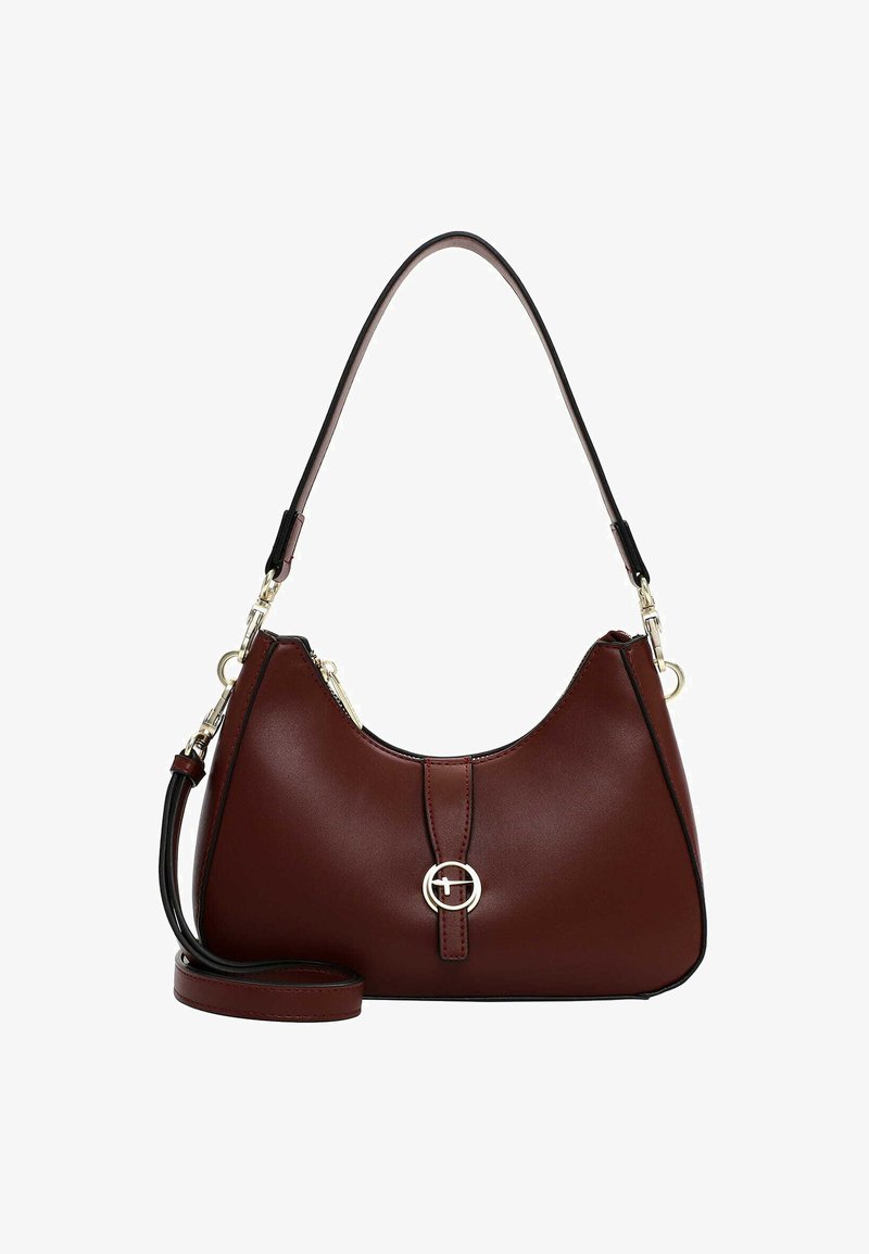 Bordeaux læderhåndtaske med en buet silhuet, en guldfarvet cirkulær hardwaredetalje og en aftagelig sort skulderrem. Glat tekstur.