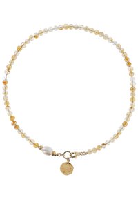 Perlenkette aus klaren und bernsteinfarbenen Steinen, mit einer zentralen Perle und einem goldfarbenen Verschluss mit einem runden Charm.