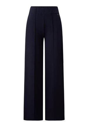 Wide-leg trousers in dark navy. Made from smooth fabric with front pleats and a high waistband. No visible pockets or fastenings.
