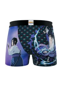 Boxers avec une taille noire ornés de graphiques colorés d'un personnage d'anime, sur un fond bleu dégradé et avec des accents imprimés dans des teintes sombres.