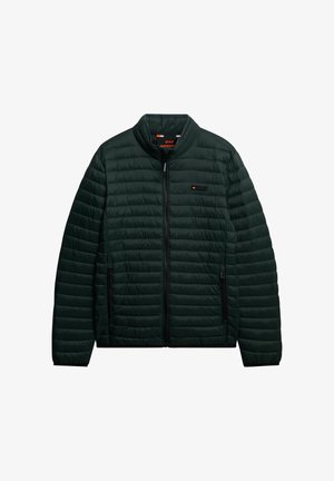 Giacca trapuntata verde scuro con collo alla coreana, cerniera frontale, tasche laterali con cerniera e piccolo logo del marchio sul petto.