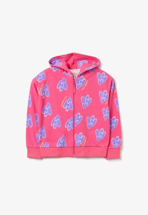 Rosa Zip-Hoodie mit einem Muster aus blauen Herzen und dem Text "LIEBES-THERAPIE." Das Material sieht weich aus, mit elastischen Bündchen und Saum.