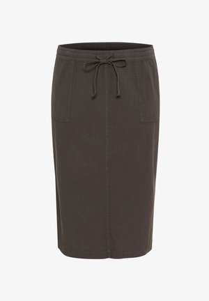 Donkerbruine rok tot op de knie met voorzakken, elastische tailleband en trekkoord.