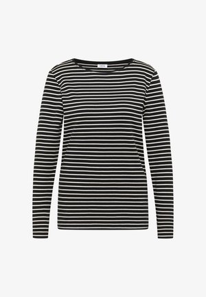 Camisa de mangas largas a rayas blancas y negras con cuello redondo. Hecha de una tela suave, con rayas uniformes y una silueta ajustada.