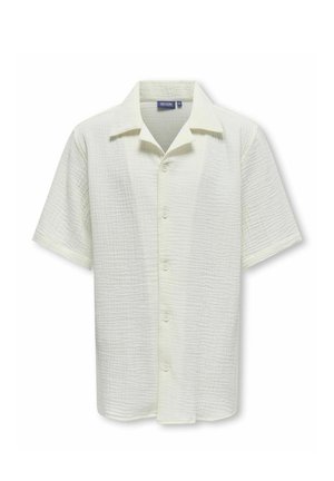 Kortærmet, knappet skjorte med tekstureret, off-white stof og en camp-krave, vist mod en hvid baggrund.